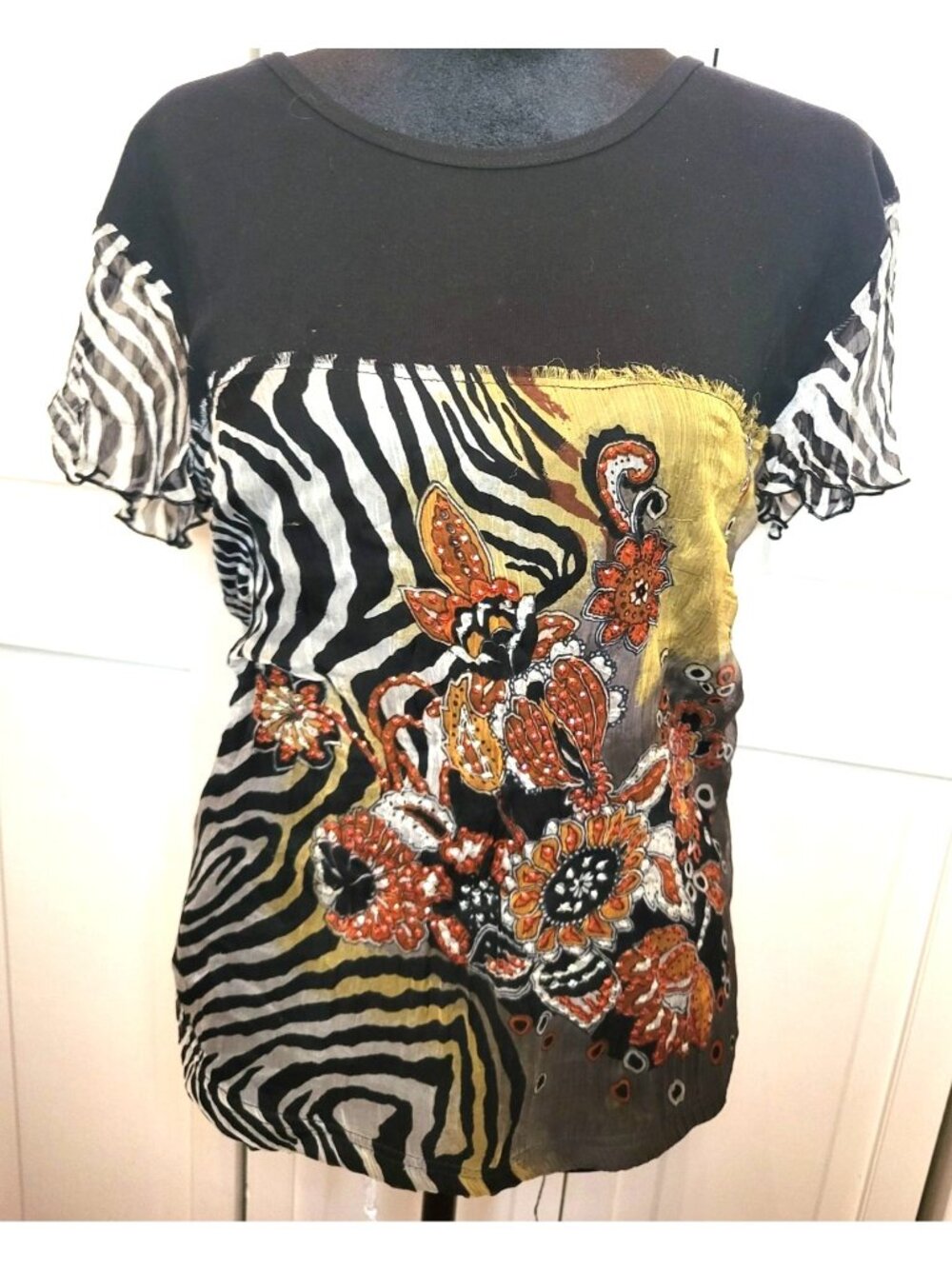 Shana K Y2K Zebra Orange Floral Mixed Print Tee Beaded XL Boho Artsy 00s Fall